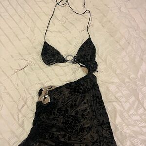 Elegant Black Floral Halter Mini Dress